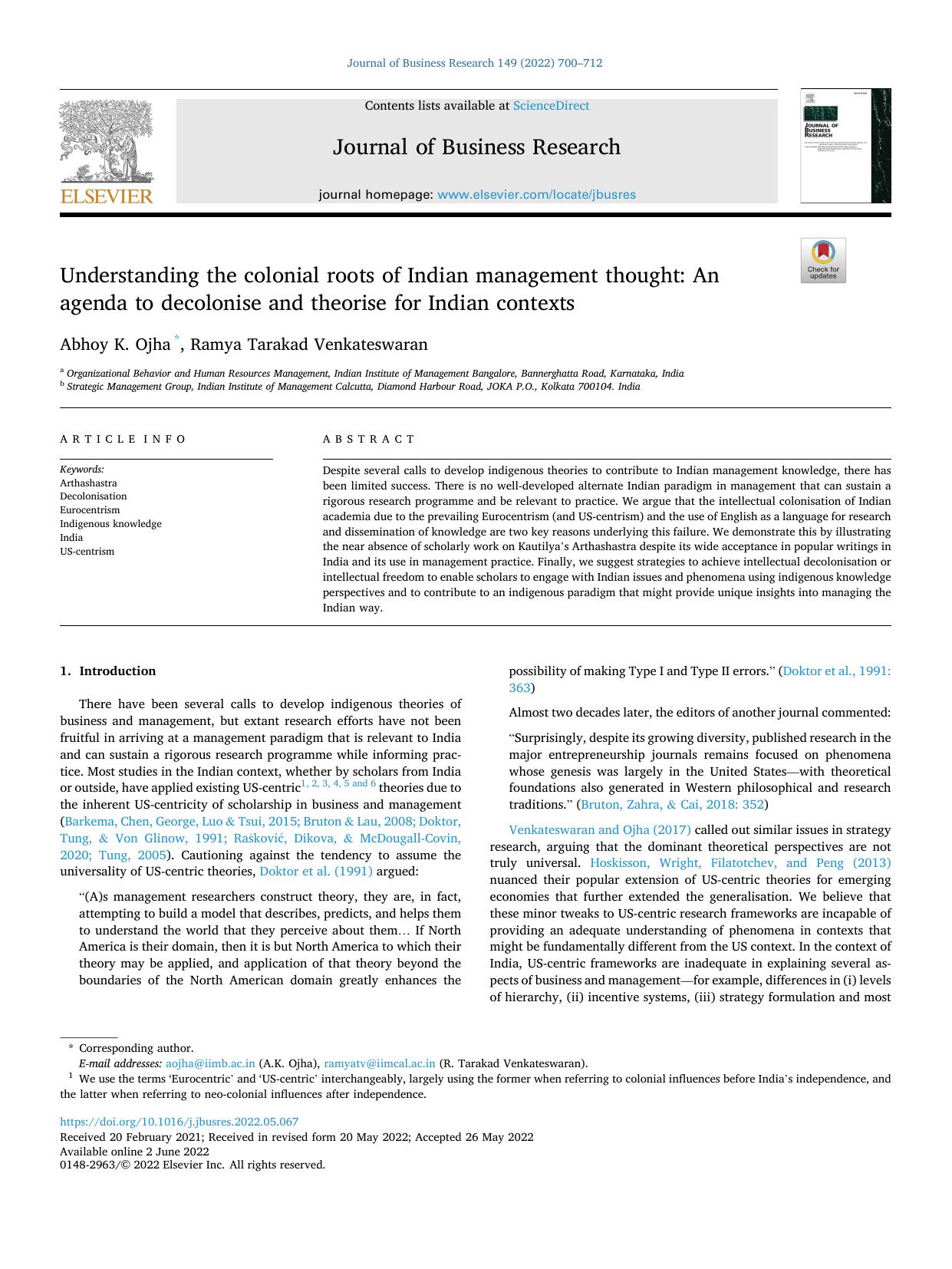 Understanding the colonial roots of Indian management thought: An agenda to decolonise and theorise for Indian contexts by Ojha A.K. and Venkateswaran R.T