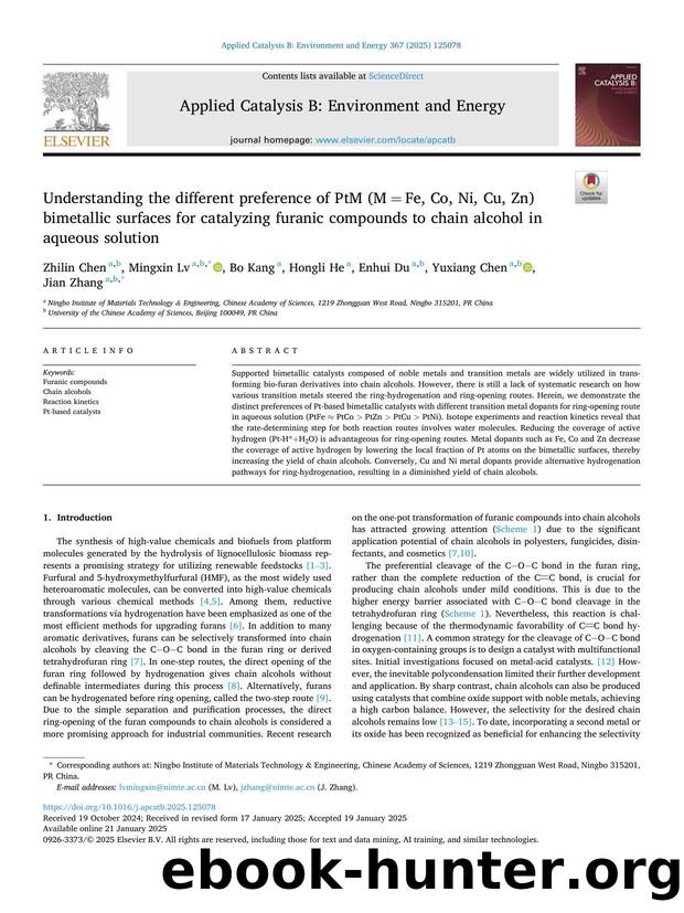 Understanding the different preference of PtM (Mâ¯=â¯Fe, Co, Ni, Cu, Zn) bimetallic surfaces for catalyzing furanic compounds to chain alcohol in aqueous solution by Zhilin Chen & Mingxin Lv & Bo Kang & Hongli He & Enhui Du & Yuxiang Chen & Jian Zhang