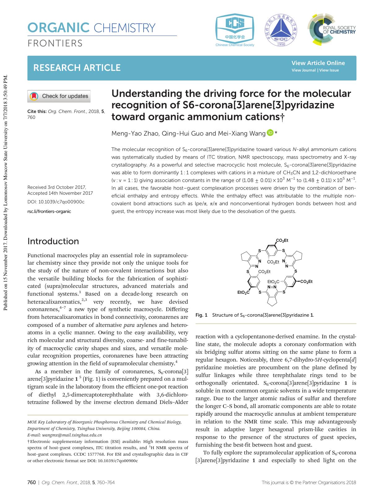 Understanding the driving force for the molecular recognition of S6-corona[3]arene[3]pyridazine toward organic ammonium cations by Meng-Yao Zhao Qing-Hui Guo Mei-Xiang Wang