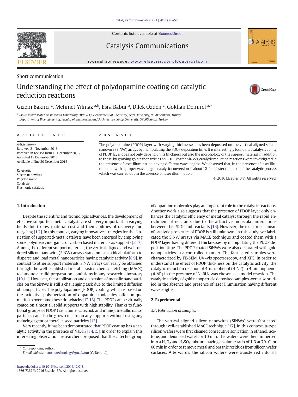 Understanding the effect of polydopamine coating on catalytic reduction reactions by Gizem Bakirci & Mehmet Yilmaz & Esra Babur & Dilek Ozden & Gokhan Demirel