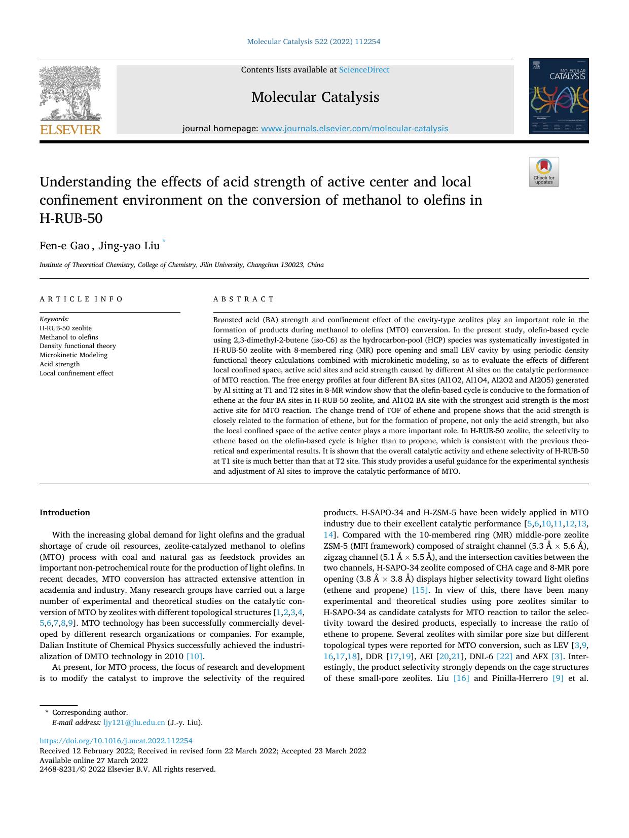 Understanding the effects of acid strength of active center and local confinement environment on the conversion of methanol to olefins in H-RUB-50 by Fen-e Gao & Jing-yao Liu