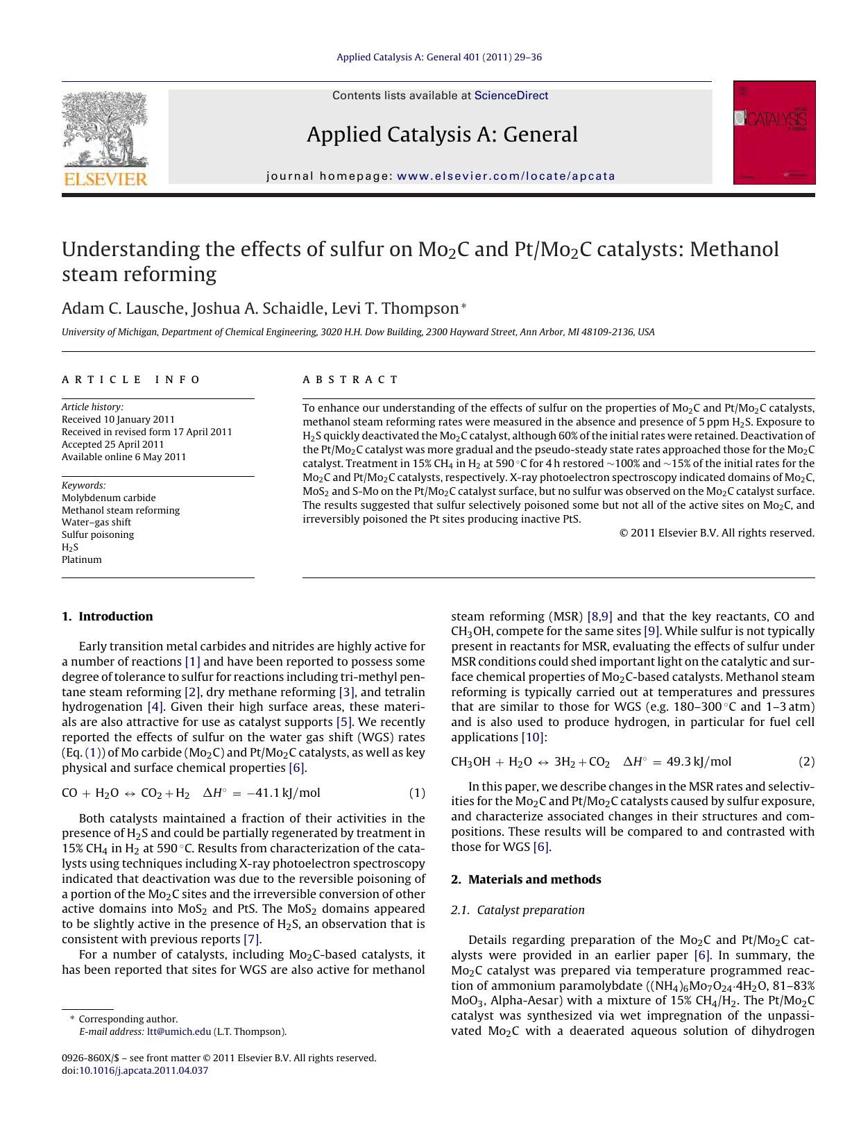 Understanding the effects of sulfur on Mo2C and PtMo2C catalysts: Methanol steam reforming by Adam C. Lausche & Joshua A. Schaidle & Levi T. Thompson