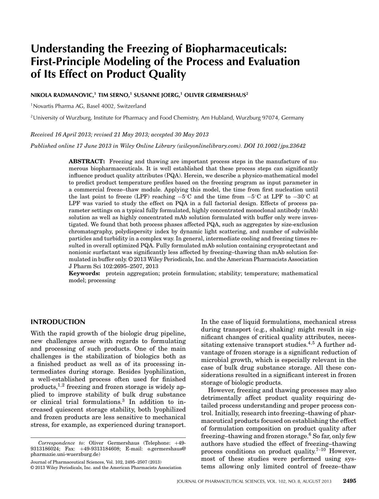 Understanding the freezing of biopharmaceuticals: Firstprinciple modeling of the process and evaluation of its effect on product quality by Unknown