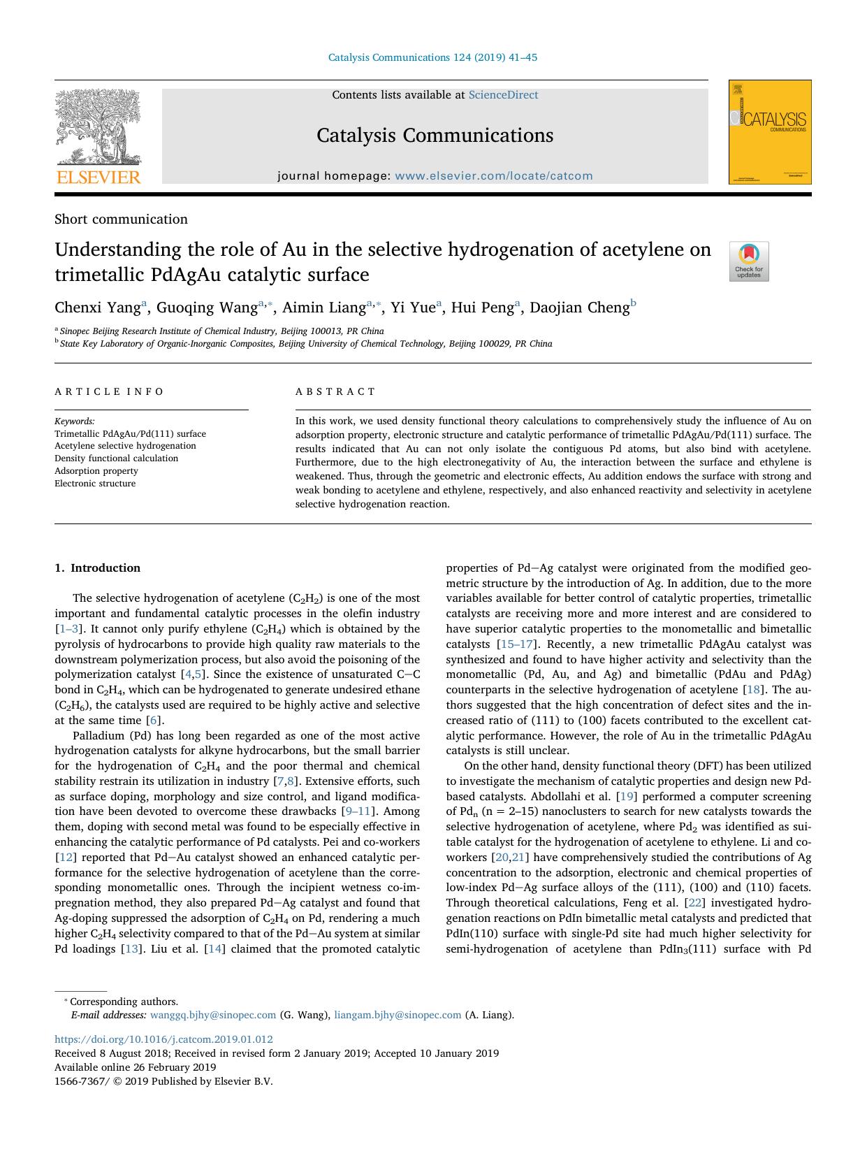 Understanding the role of Au in the selective hydrogenation of acetylene on trimetallic PdAgAu catalytic surface by Chenxi Yang & Guoqing Wang & Aimin Liang & Yi Yue & Hui Peng & Daojian Cheng
