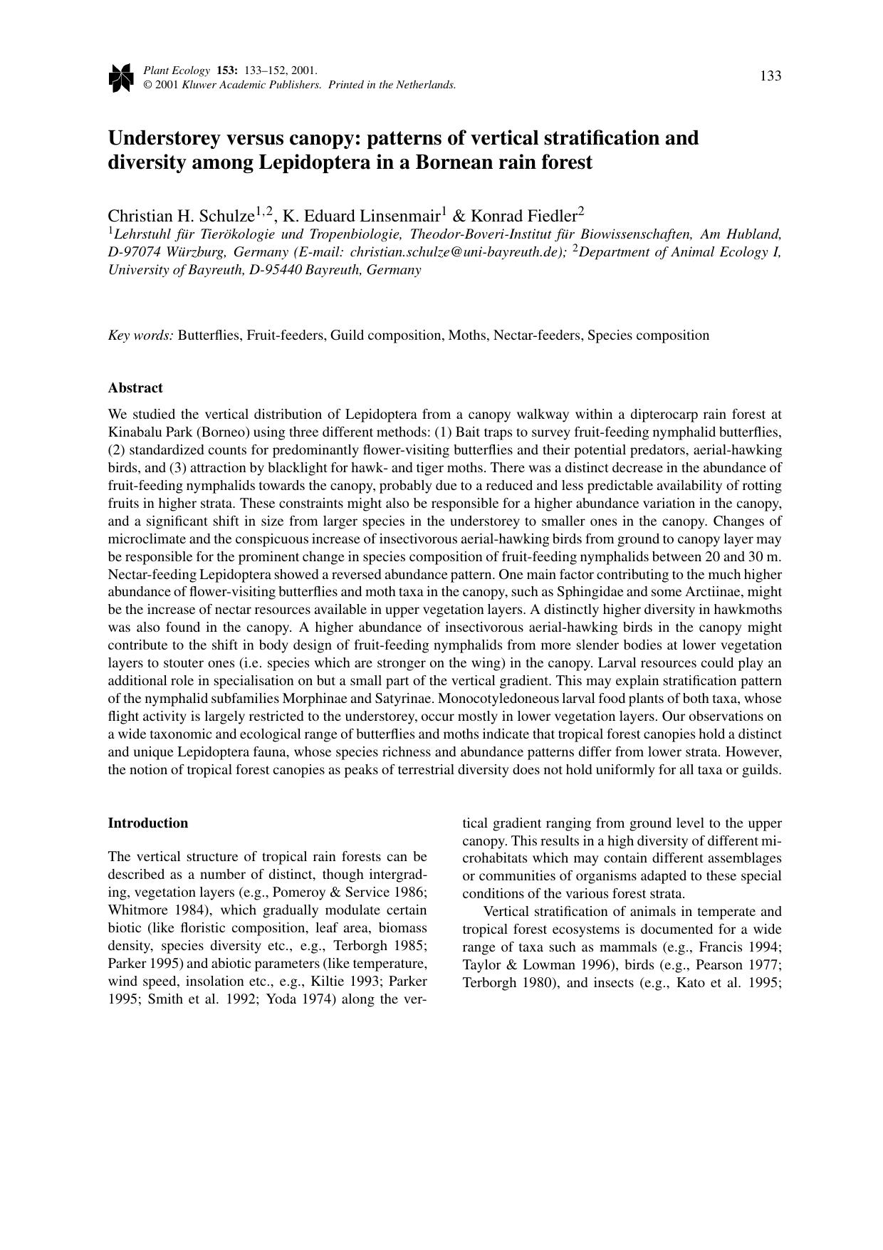 Understorey versus canopy: patterns of vertical stratification and diversity among Lepidoptera in a Bornean rain forest by Unknown