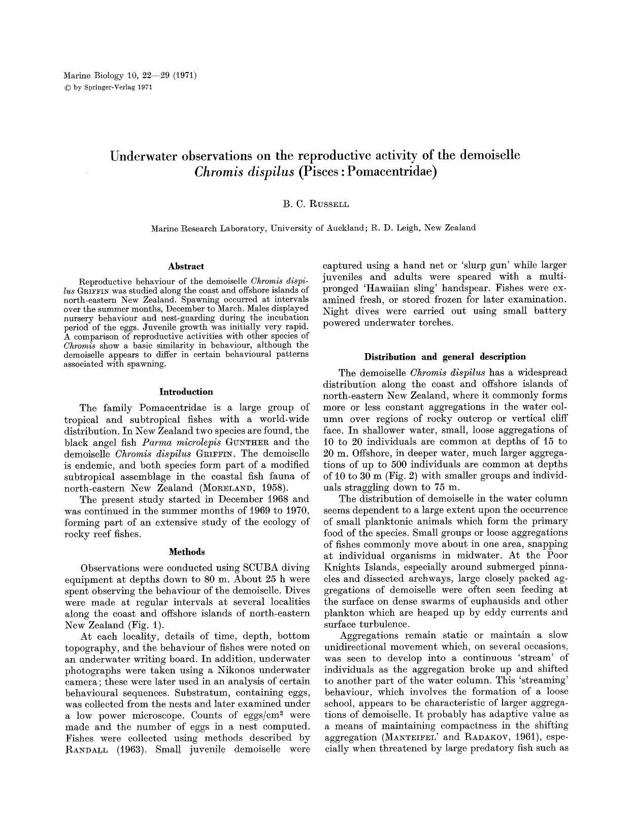 Underwater observations on the reproductive activity of the demoiselle <Emphasis Type="Italic">Chromis dispilus <Emphasis> (Pisces: Pomacentridae) by Unknown
