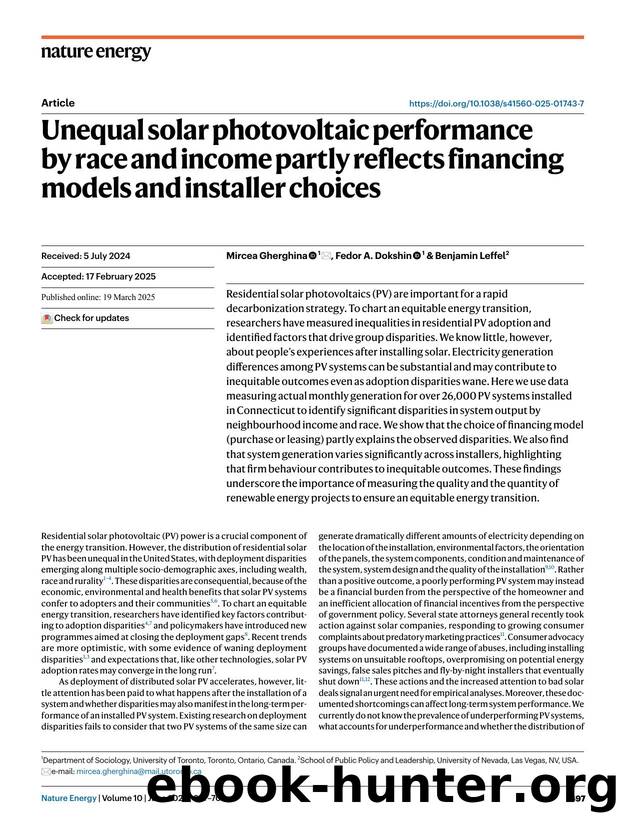 Unequal solar photovoltaic performance by race and income partly reflects financing models and installer choices by Mircea Gherghina & Fedor A. Dokshin & Benjamin Leffel