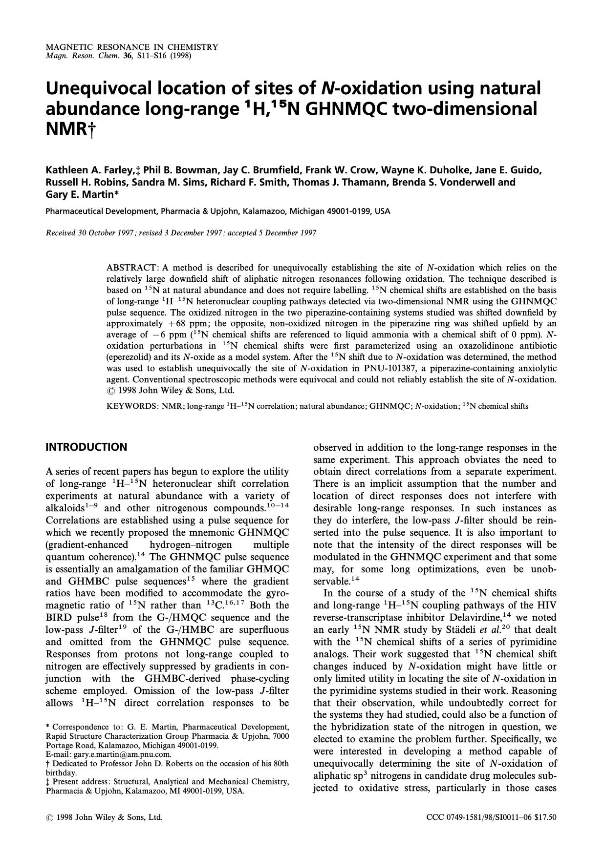 Unequivocal location of sites of <HUC>N<HUC>-oxidation using natural abundance long-range <SUP>1<SUP><HUC>H<HUC>,<SUP>15<SUP><HUC>N<HUC> <HUC>GHNMQC<HUC> two-dimensional <HUC>NMR<HUC>&dagger; by Farley Bowman Brumfield Crow Duholke Guido Robins Sims Smith Thamann Vonderwell Martin