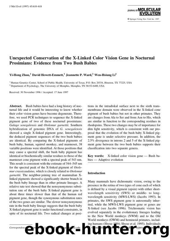 Unexpected Conservation of the X-Linked Color Vision Gene in Nocturnal Prosimians: Evidence from Two Bush Babies by Zhou Y.-H. et al