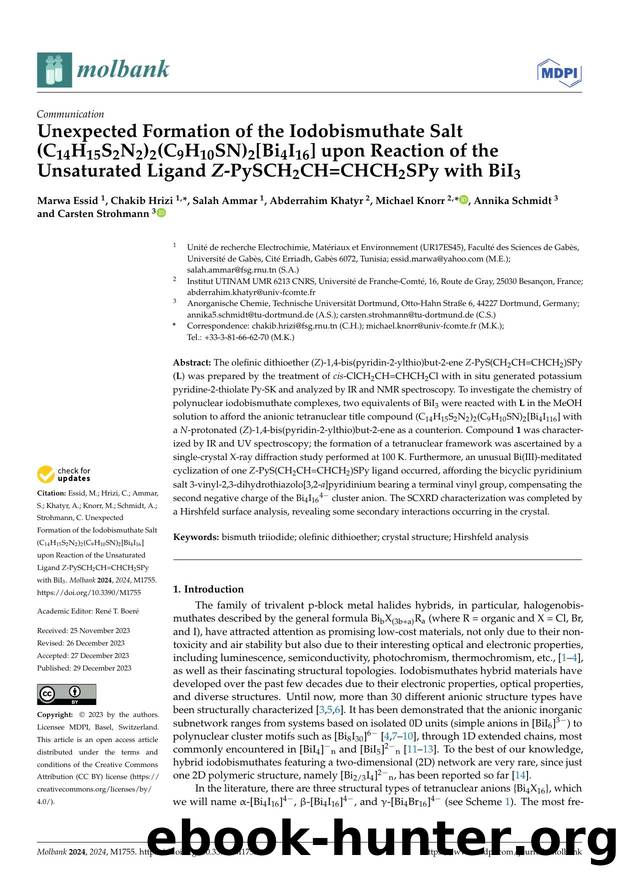 Unexpected Formation of the Iodobismuthate Salt (C14H15S2N2)2(C9H10SN)2[Bi4I16] upon Reaction of the Unsaturated Ligand Z-PySCH2CH=CHCH2SPy with BiI3 by unknow