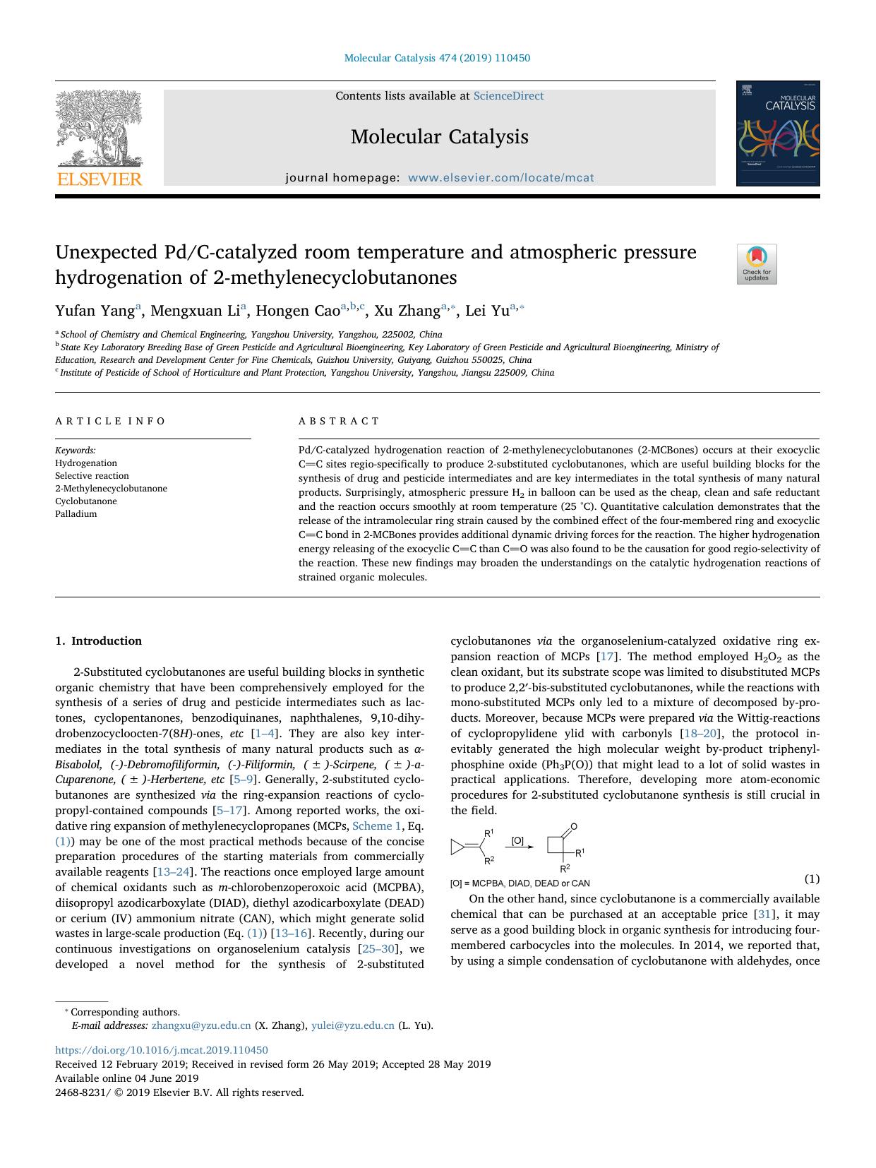 Unexpected PdC-catalyzed room temperature and atmospheric pressure hydrogenation of 2-methylenecyclobutanones by Yufan Yang & Mengxuan Li & Hongen Cao & Xu Zhang & Lei Yu