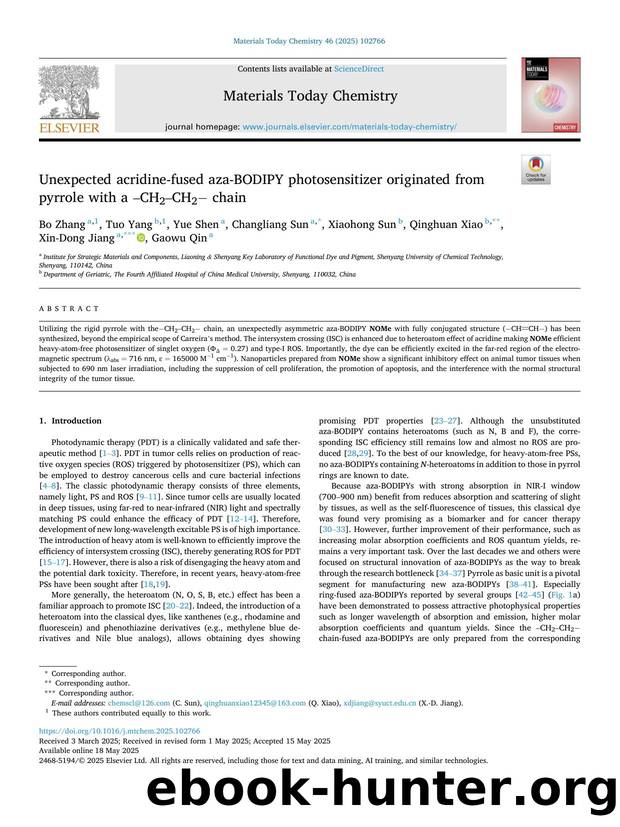 Unexpected acridine-fused aza-BODIPY photosensitizer originated from pyrrole with a âCH2âCH2â chain by unknow