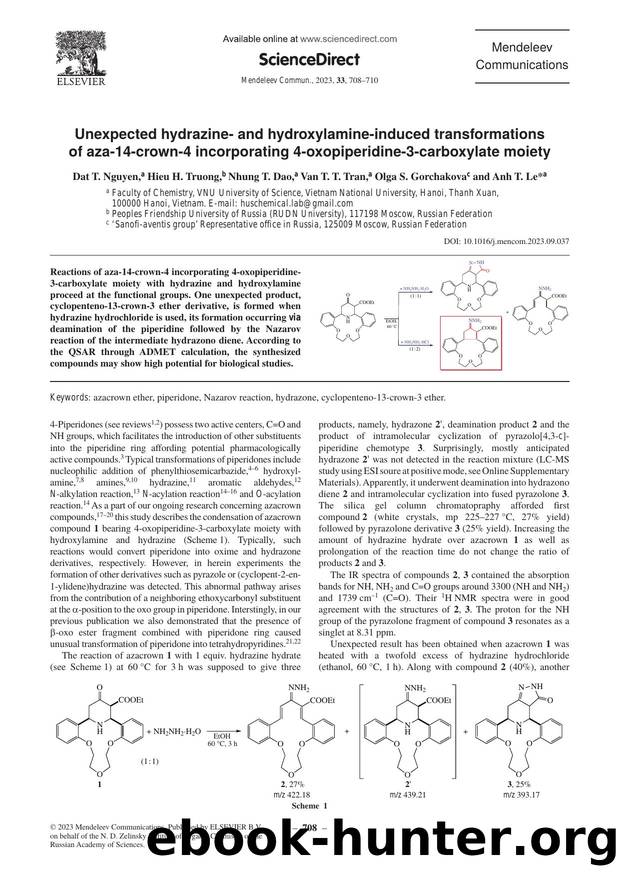 Unexpected hydrazine- and hydroxylamine-induced transformations of aza-14-crown-4 incorporating 4-oxopiperidine-3-carboxylate moiety by Dat T. Nguyen & Hieu H. Truong & Nhung T. Dao & Van T.T. Tran & Olga S. Gorchakova & Anh T. Le