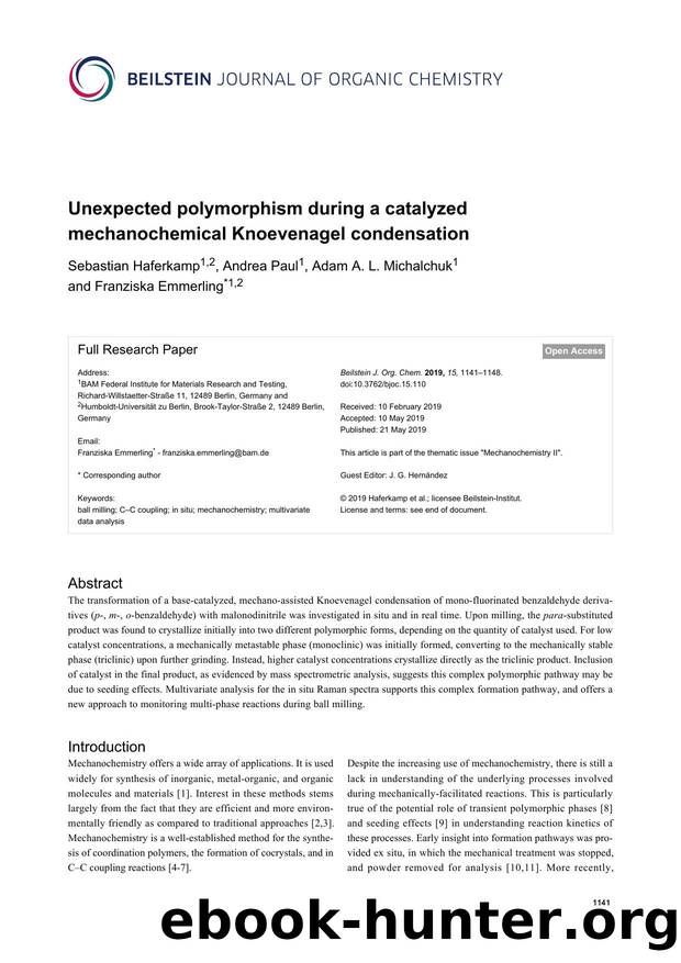 Unexpected polymorphism during a catalyzed mechanochemical Knoevenagel condensation by Sebastian Haferkamp Andrea Paul Adam A. L. Michalchuk Franziska Emmerling