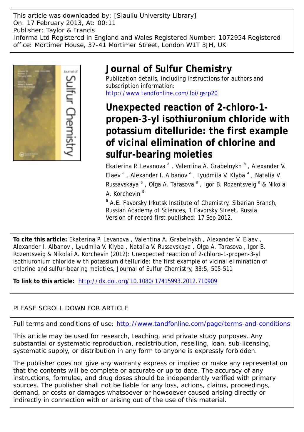 Unexpected reaction of 2-chloro-1-propen-3-yl isothiuronium chloride with potassium ditelluride: the first example of vicinal elimination of chlorine and sulfur-bearing moieties by unknow