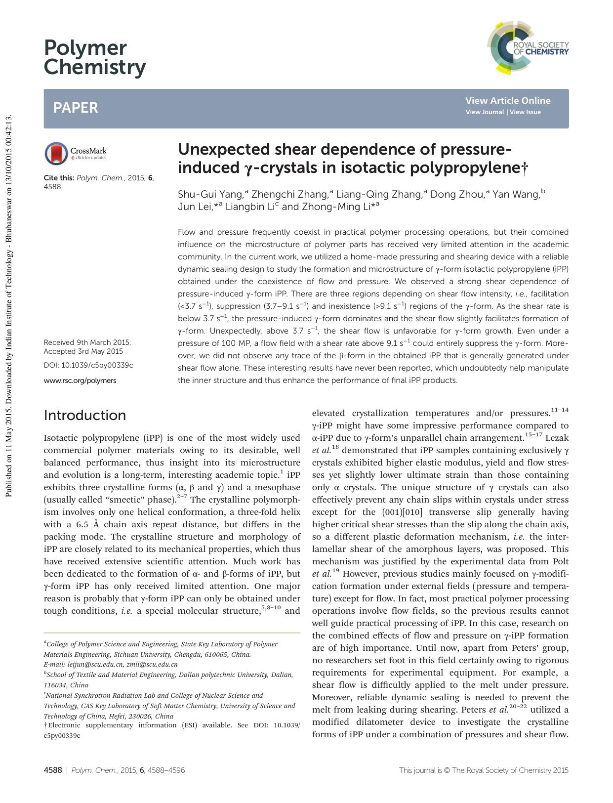 Unexpected shear dependence of pressure-induced Î³-crystals in isotactic polypropylene by unknow