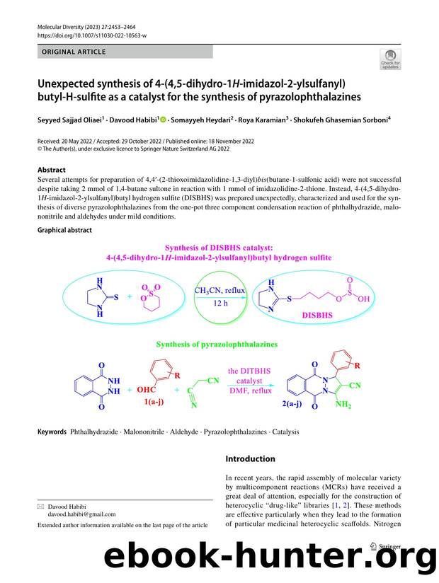Unexpected synthesis of 4-(4,5-dihydro-1H-imidazol-2-ylsulfanyl)butyl-H-sulfite as a catalyst for the synthesis of pyrazolophthalazines by unknow