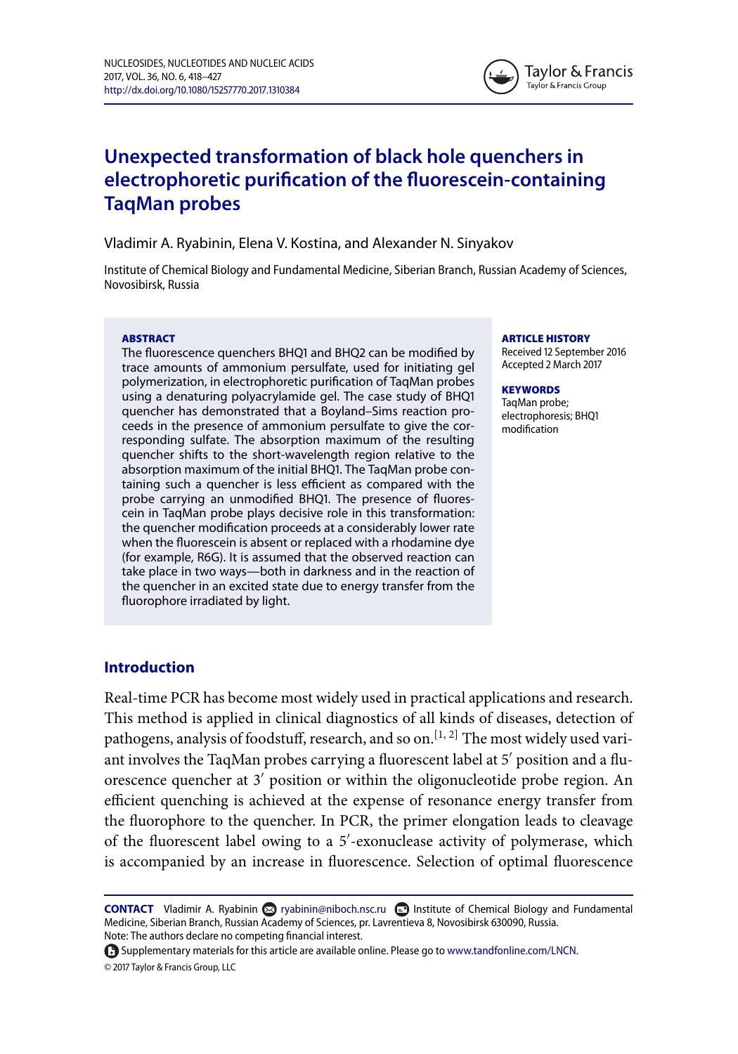 Unexpected transformation of black hole quenchers in electrophoretic purification of the fluorescein-containing TaqMan probes by Vladimir A. Ryabinin & Elena V. Kostina & Alexander N. Sinyakov