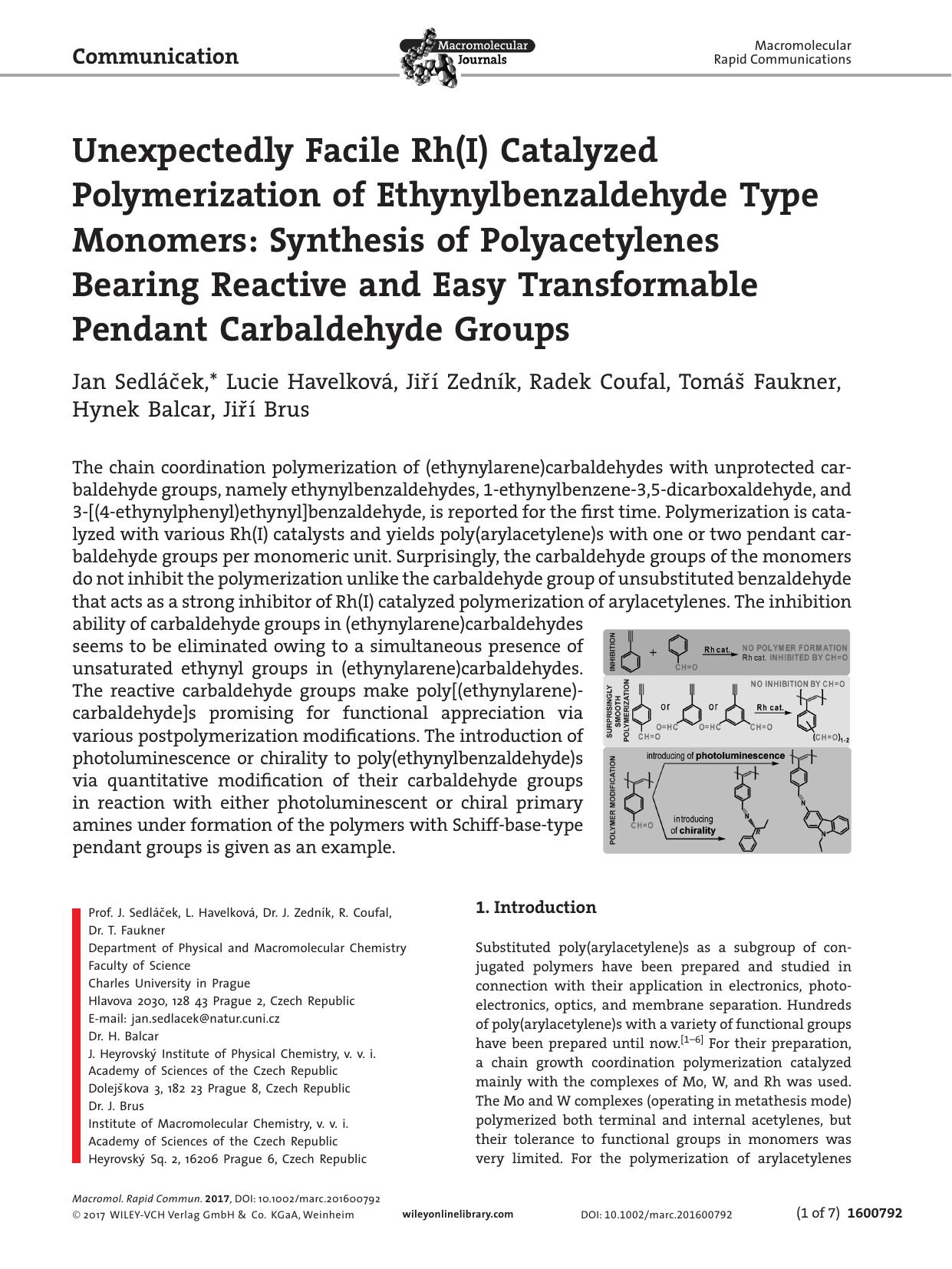 Unexpectedly Facile Rh(I) Catalyzed Polymerization of Ethynylbenzaldehyde Type Monomers: Synthesis of Polyacetylenes Bearing Reactive and Easy Transformable Pendant Carbaldehyde Groups by Unknown