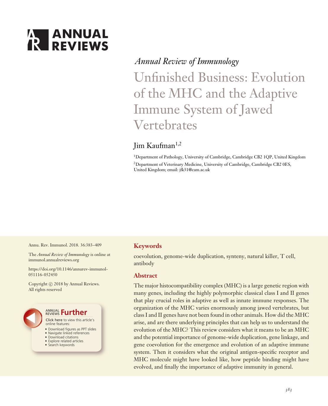 Unfinished Business: Evolution of the MHC and the Adaptive Immune System of Jawed Vertebrates by Jim Kaufman