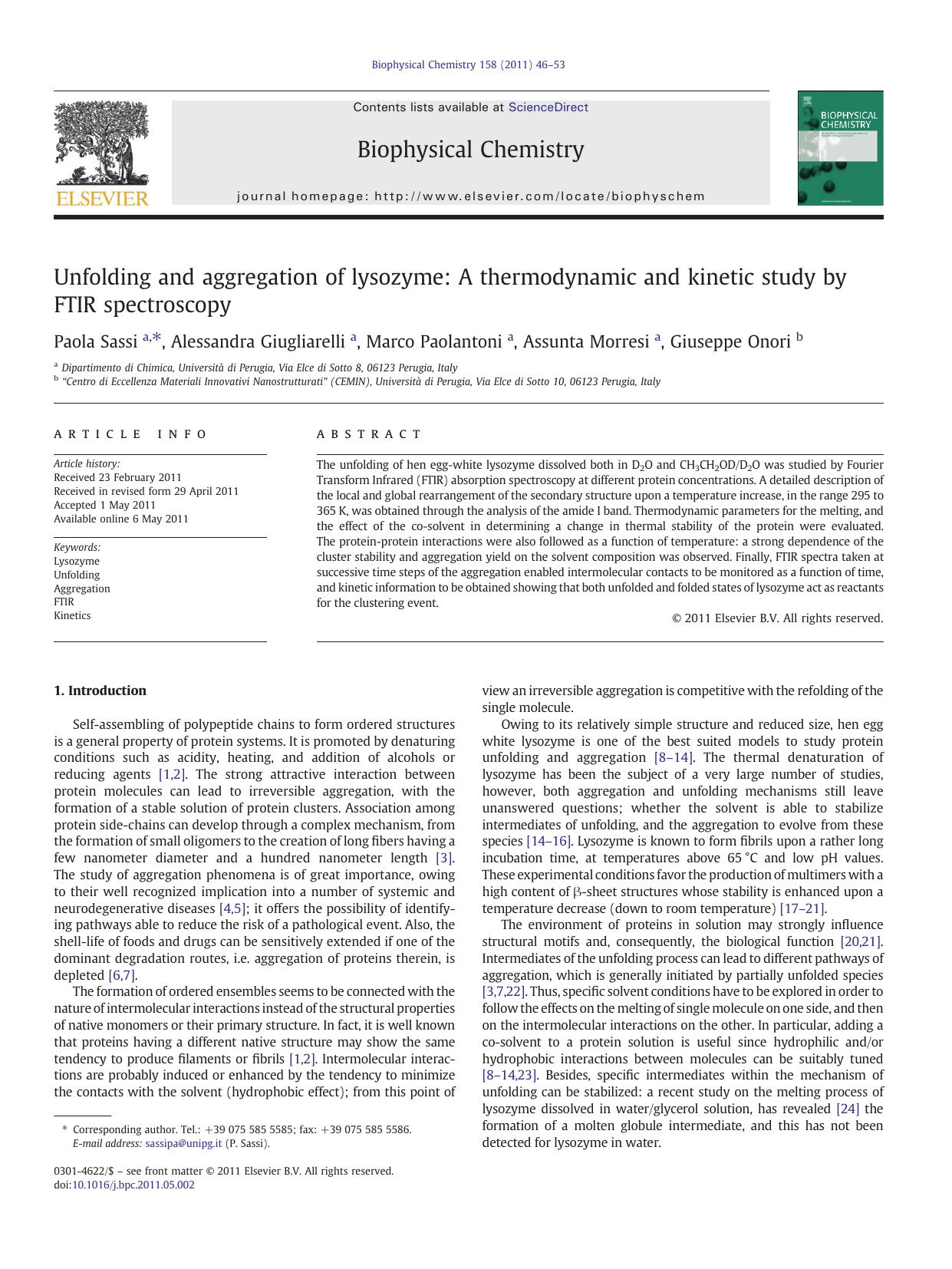 Unfolding and aggregation of lysozyme: A thermodynamic and kinetic study by FTIR spectroscopy by Paola Sassi & Alessandra Giugliarelli & Marco Paolantoni & Assunta Morresi & Giuseppe Onori
