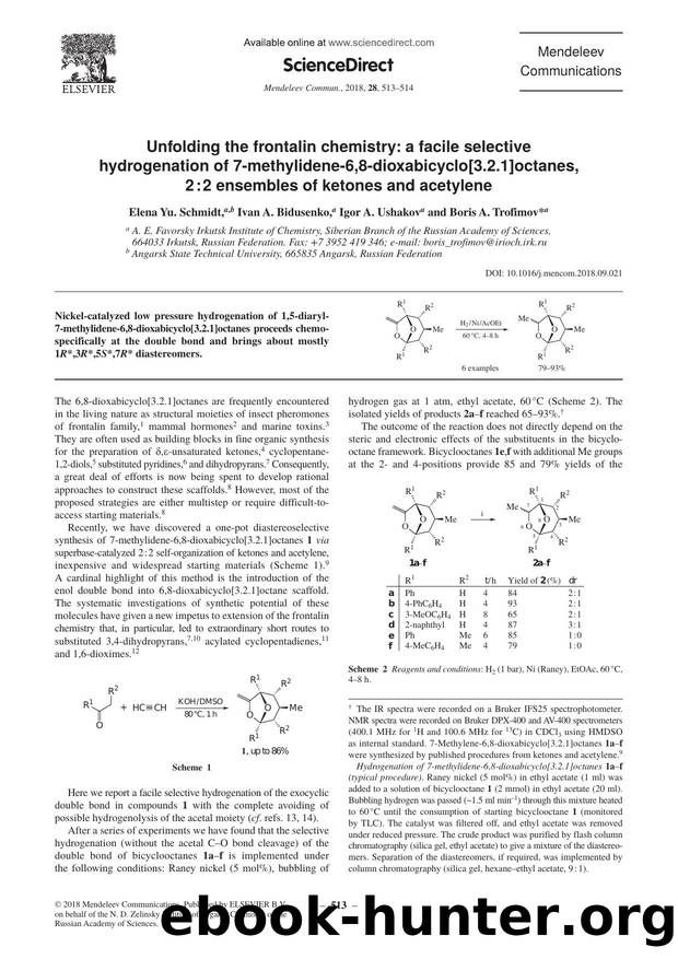 Unfolding the frontalin chemistry: a facile selective hydrogenation of 7-methylidene-6,8-dioxabicyclo[3.2.1]octanes, 2:2 ensembles of ketones and acetylene by Elena Yu. Schmidt & Ivan A. Bidusenko & Igor A. Ushakov & Boris A. Trofimov