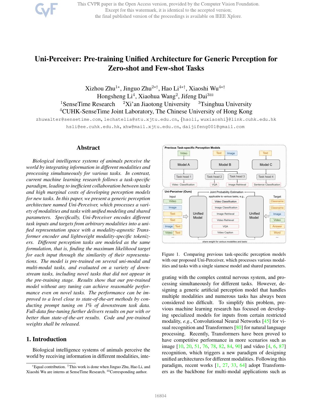 Uni-Perceiver: Pre-Training Unified Architecture for Generic Perception for Zero-Shot and Few-Shot Tasks by Xizhou Zhu & Jinguo Zhu & Hao Li & Xiaoshi Wu & Hongsheng Li & Xiaohua Wang & Jifeng Dai
