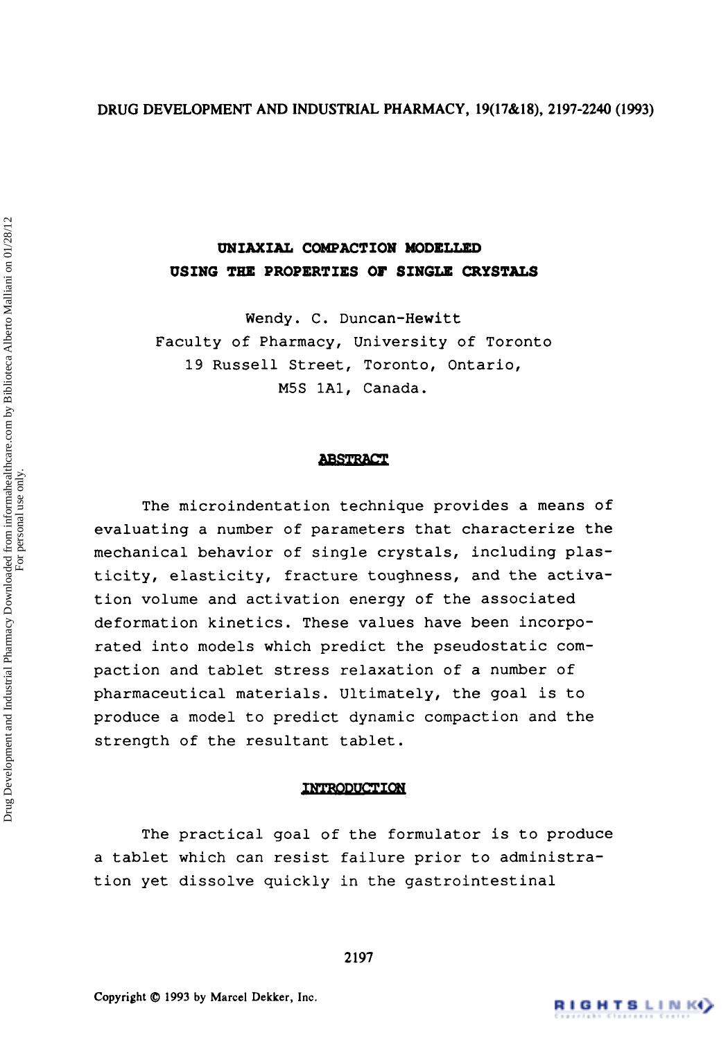 Uniaxial Compaction Modelled using the Properties of Single Crystals by Wendy C. Duncan-Hewitt