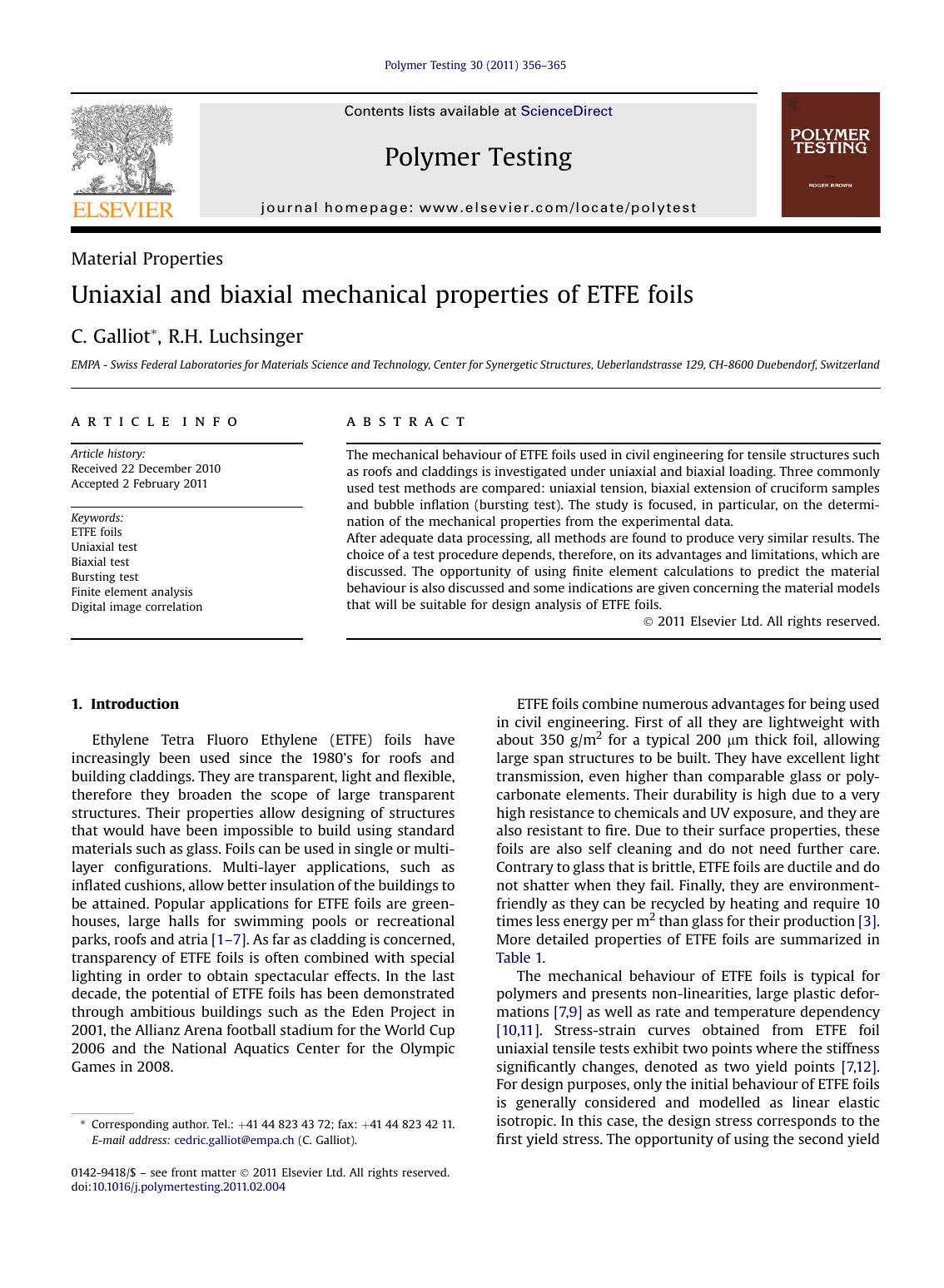 Uniaxial and biaxial mechanical properties of ETFE foils by C. Galliot & R.H. Luchsinger