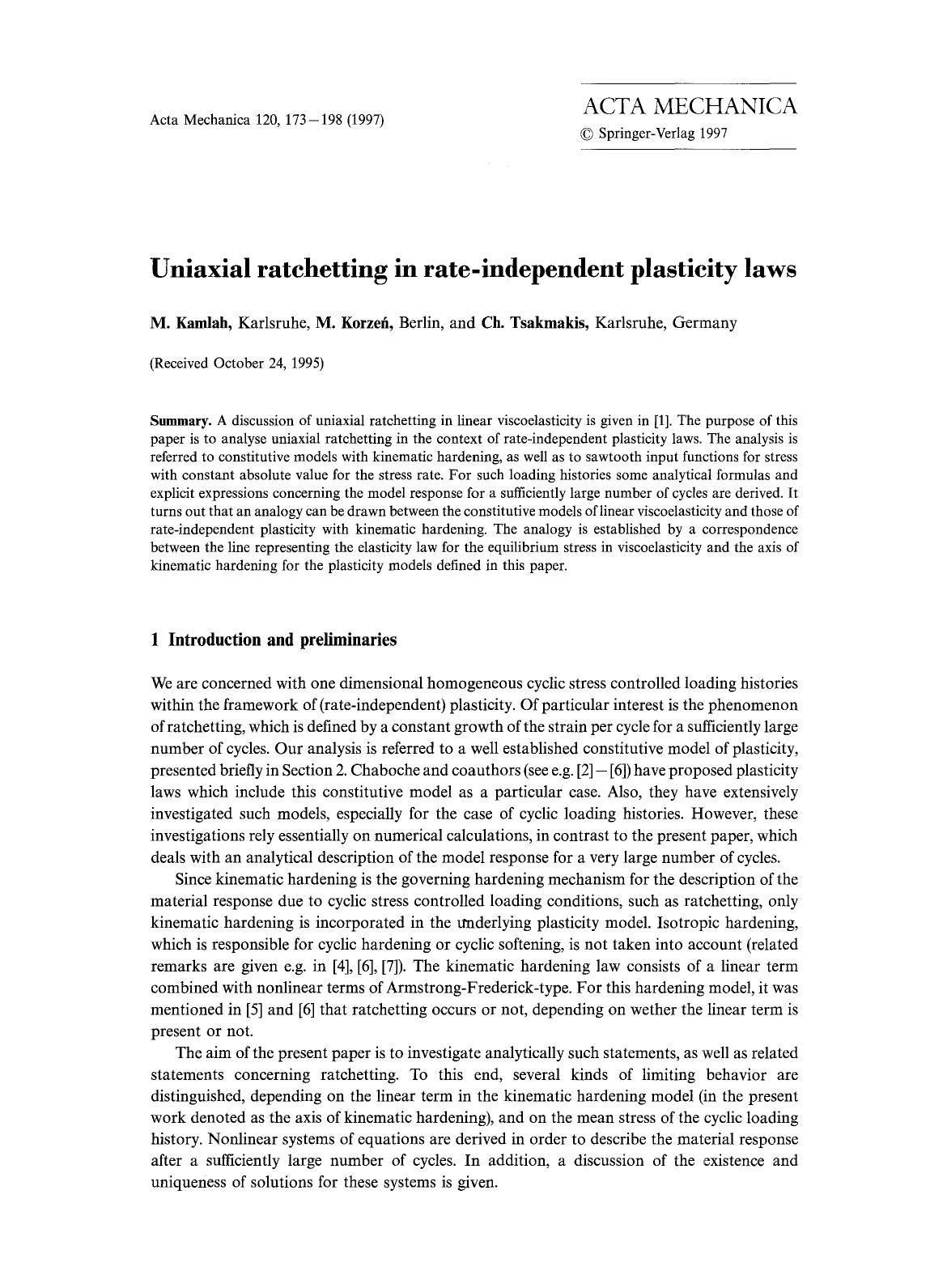 Uniaxial ratchetting in rate-independent plasticity laws by Unknown