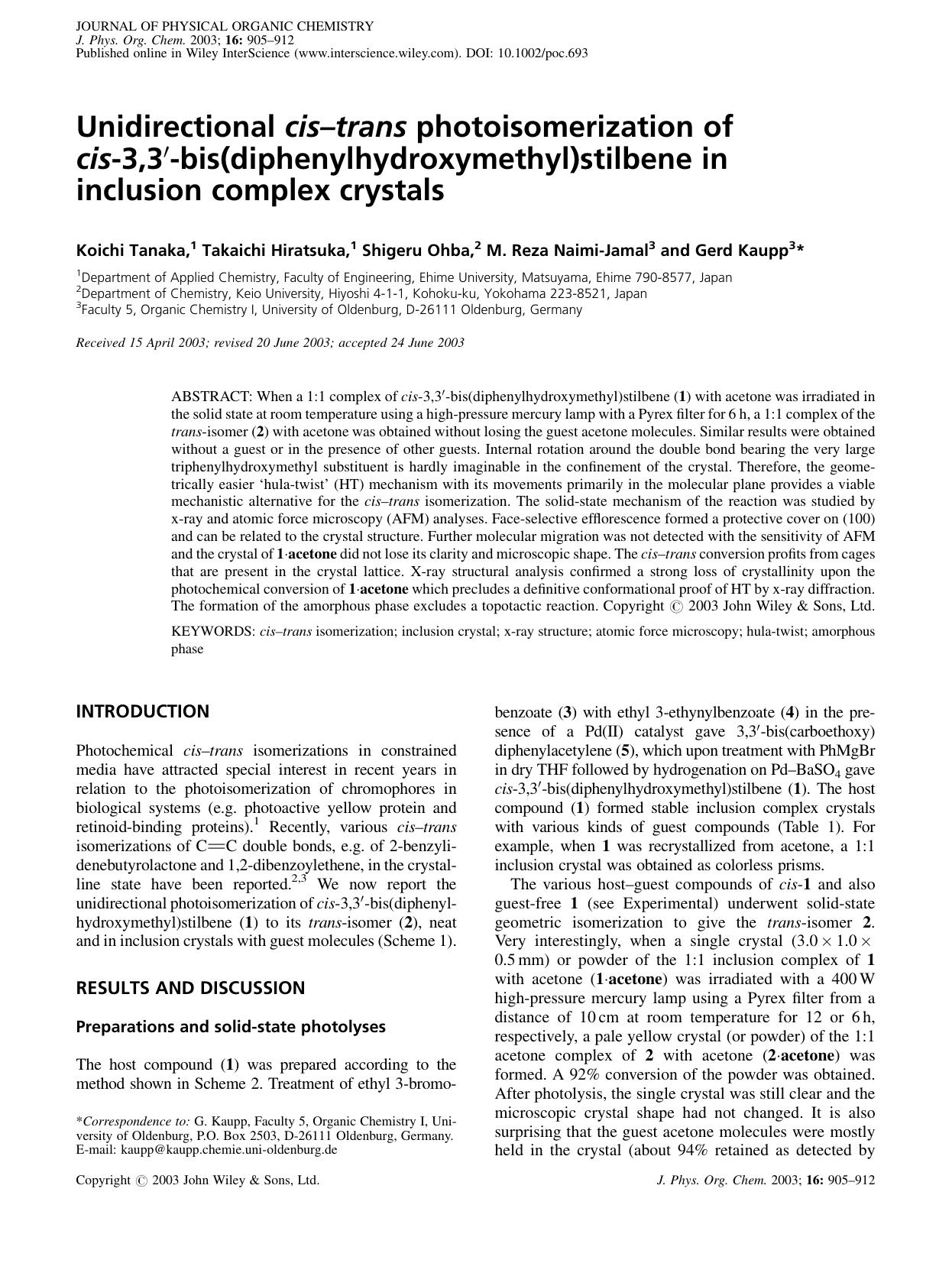 Unidirectional cis-trans photoisomerization of cis-3,3[prime]-bis(diphenylhydroxymethyl)stilbene in inclusion complex crystals by Unknown