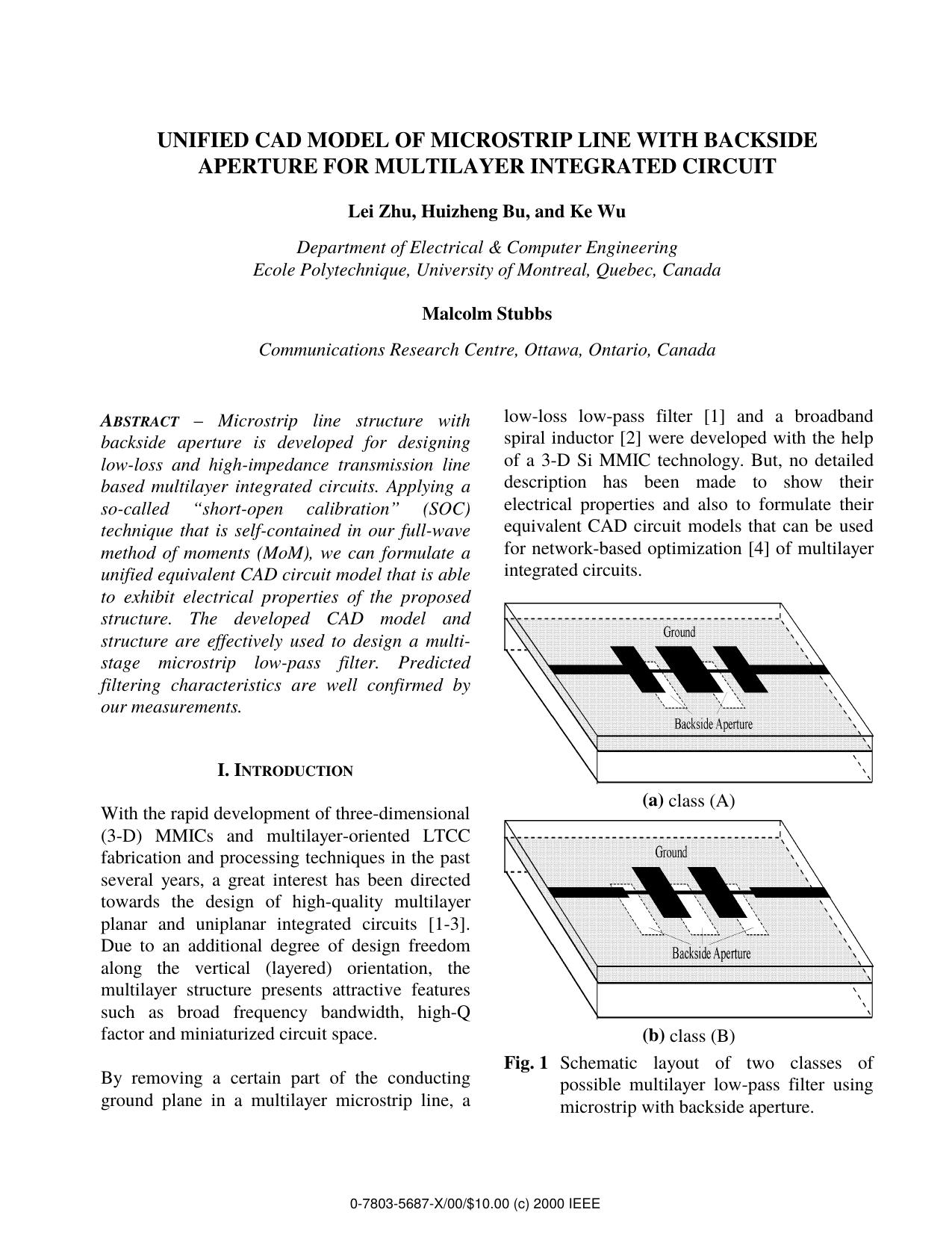 Unified CAD Model of Microstrip Line with Backside Aperture for Multilayer Integrated Circuit by L. Zhu H. Bu K. Wu & M. Stubbs
