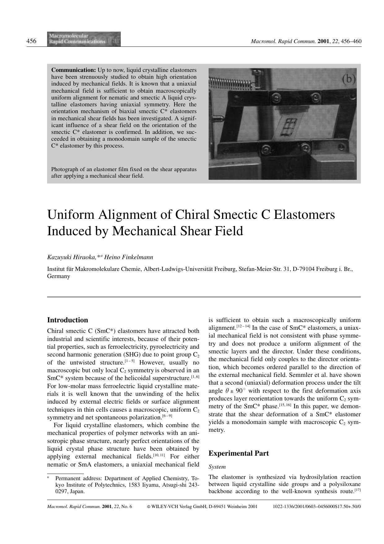 Uniform Alignment of Chiral Smectic C Elastomers Induced by Mechanical Shear Field by Unknown