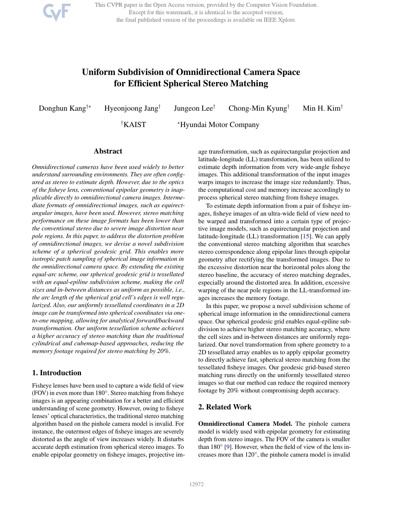Uniform Subdivision of Omnidirectional Camera Space for Efficient Spherical Stereo Matching by Donghun Kang & Hyeonjoong Jang & Jungeon Lee & Chong-Min Kyung & Min H. Kim