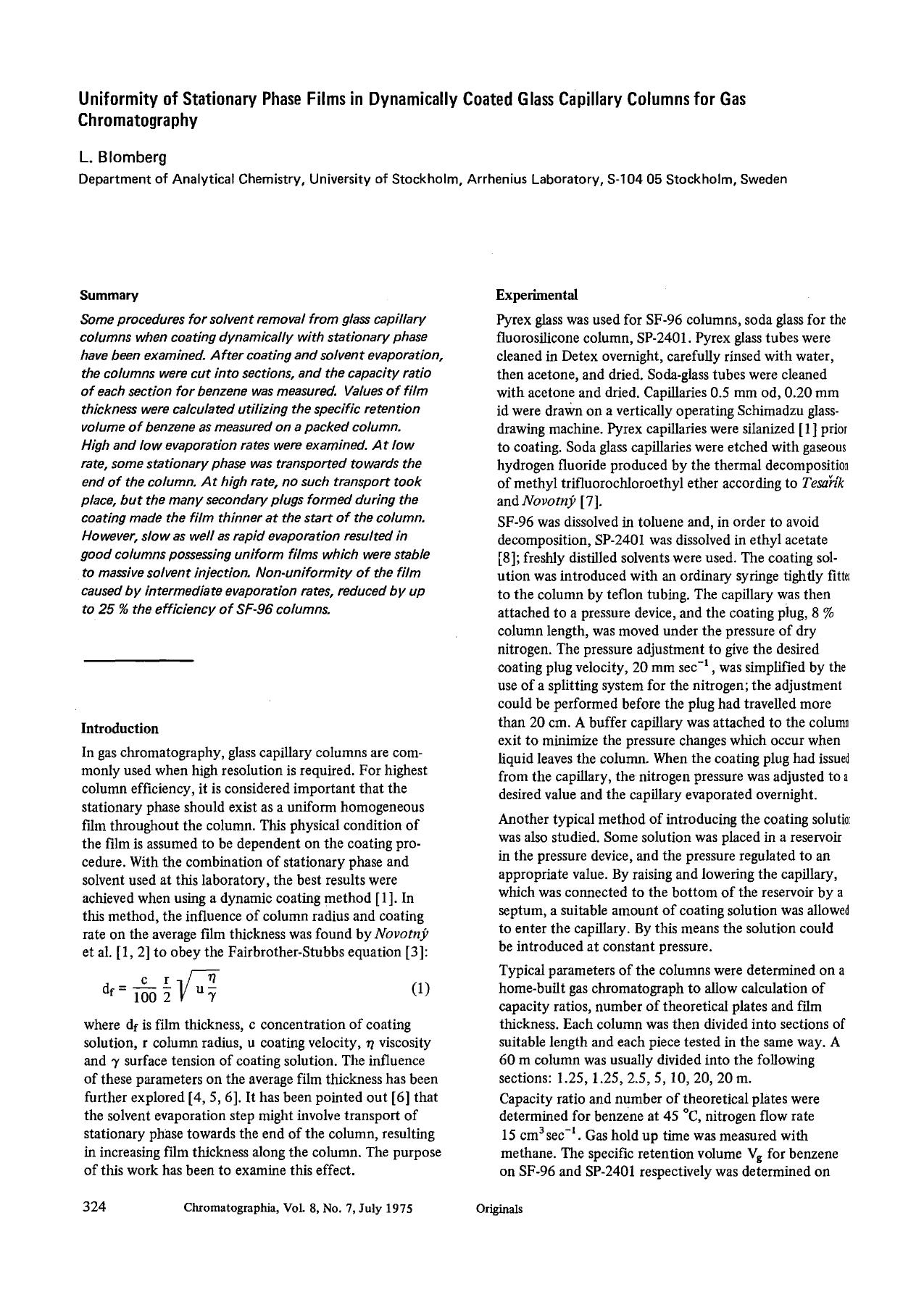 Uniformity of stationary phase films in dynamically coated glass capillary columns for gas chromatography by Unknown