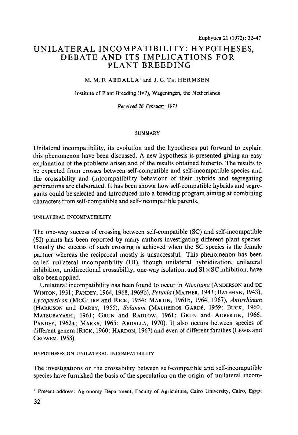 Unilateral incompatibility: hypotheses, debate and its implications for plant breeding by Unknown