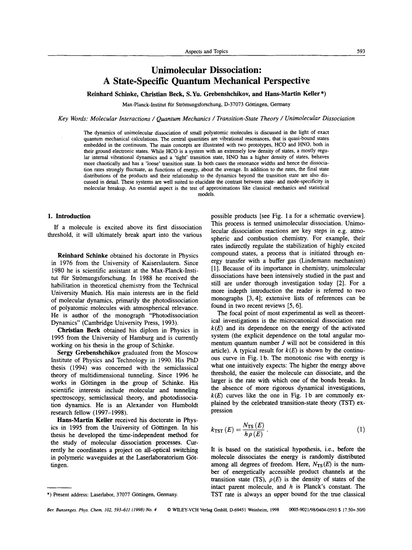 Unimolecular dissociation: A state-specific quantum mechanical perspective by Unknown