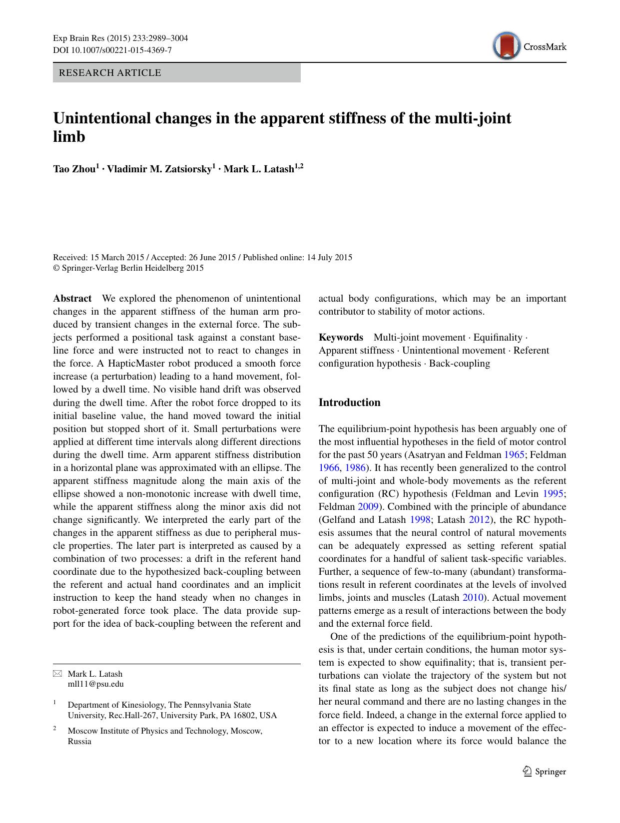 Unintentional changes in the apparent stiffness of the multi-joint limb by Tao Zhou & Vladimir M. Zatsiorsky & Mark L. Latash
