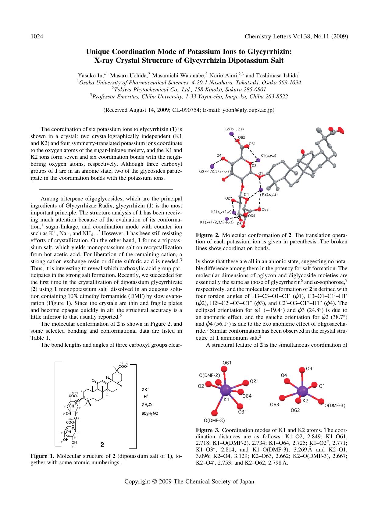 Unique Coordination Mode of Potassium Ions to Glycyrrhizin: X-ray Crystal Structure of Glycyrrhizin Dipotassium Salt by Yasuko In Masaru Uchida Masamichi Watanabe Norio Aimi & Toshimasa Ishida