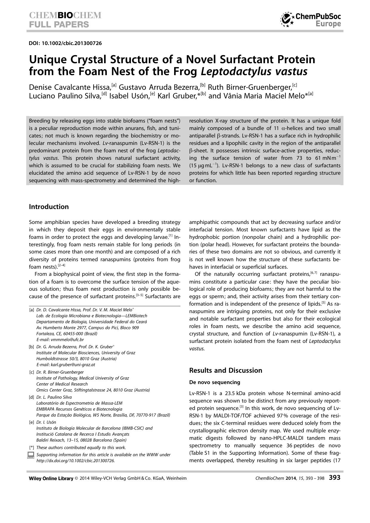 Unique Crystal Structure of a Novel Surfactant Protein from the Foam Nest of the Frog Leptodactylus vastus by Unknown