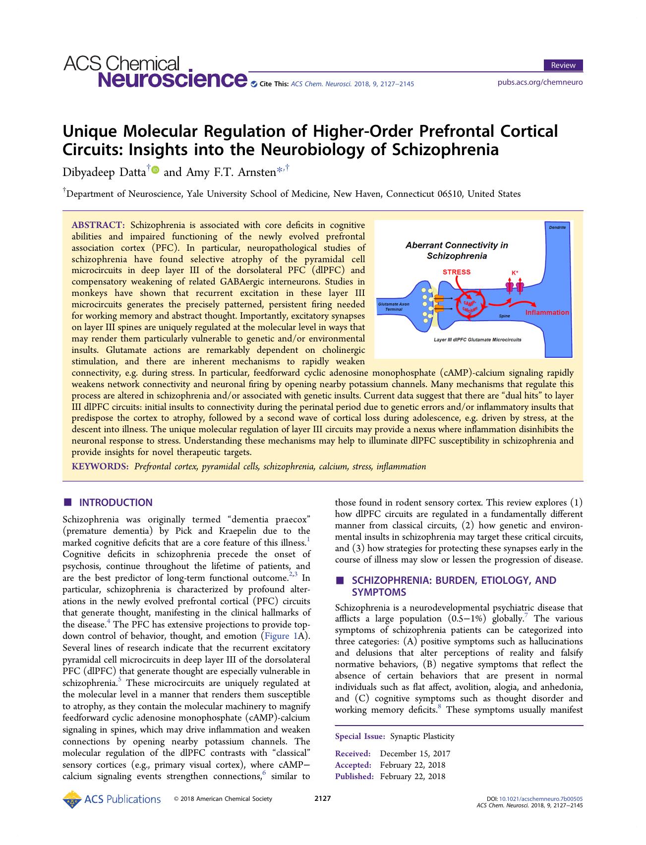 Unique Molecular Regulation of Higher-Order Prefrontal Cortical Circuits: Insights into the Neurobiology of Schizophrenia by Dibyadeep Datta and Amy F.T. Arnsten