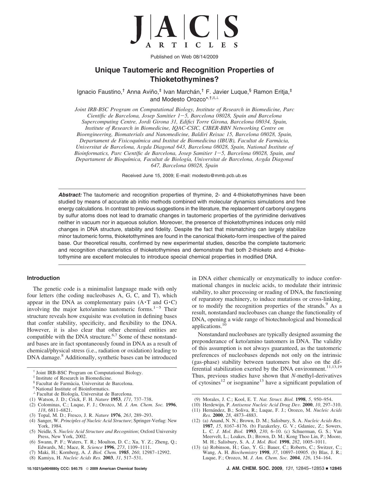 Unique Tautomeric and Recognition Properties of Thioketothymines? by unknow