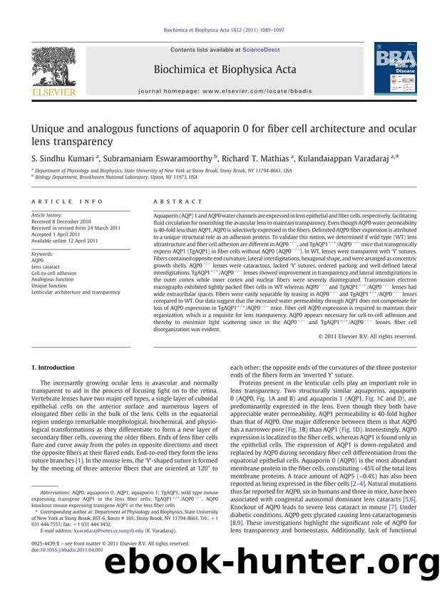 Unique and analogous functions of aquaporin 0 for fiber cell architecture and ocular lens transparency by S. Sindhu Kumari & Subramaniam Eswaramoorthy & Richard T. Mathias & Kulandaiappan Varadaraj