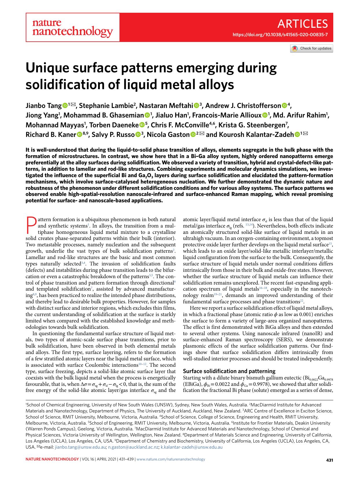 Unique surface patterns emerging during solidification of liquid metal alloys by unknow