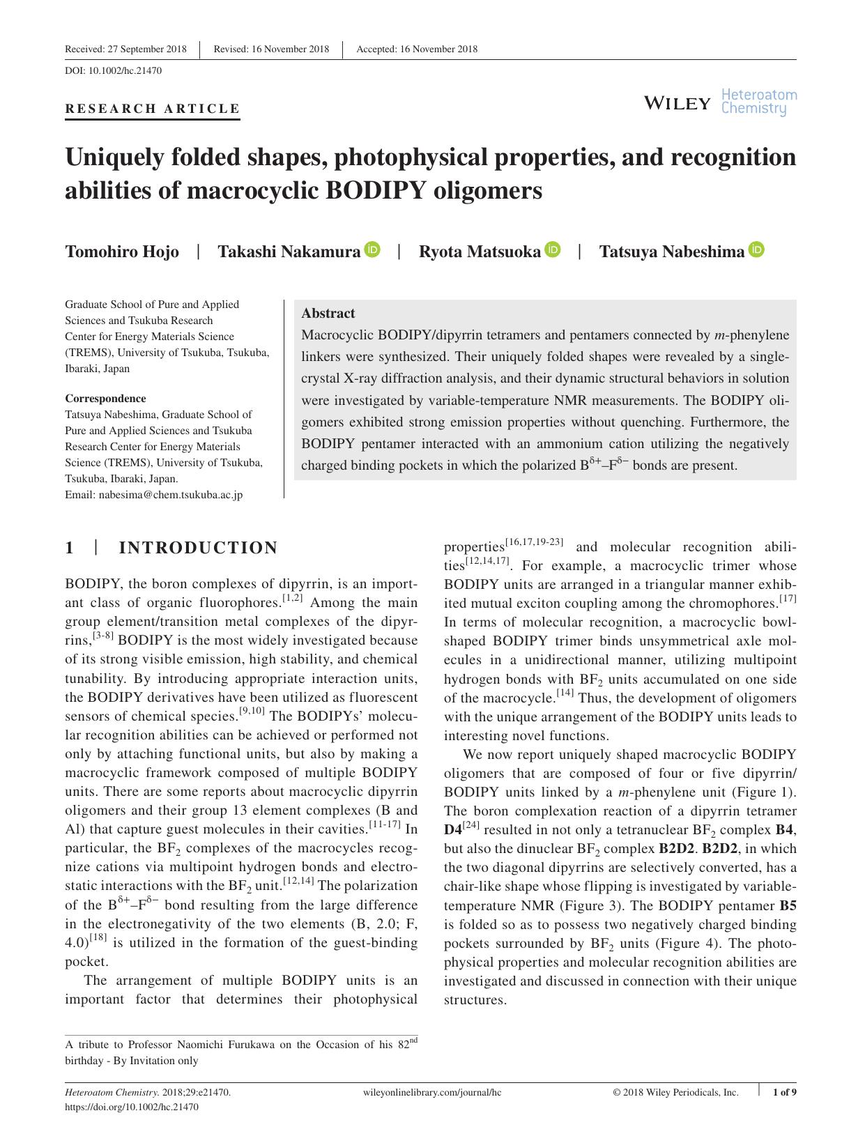 Uniquely folded shapes, photophysical properties, and recognition abilities of macrocyclic BODIPY oligomers by Unknown