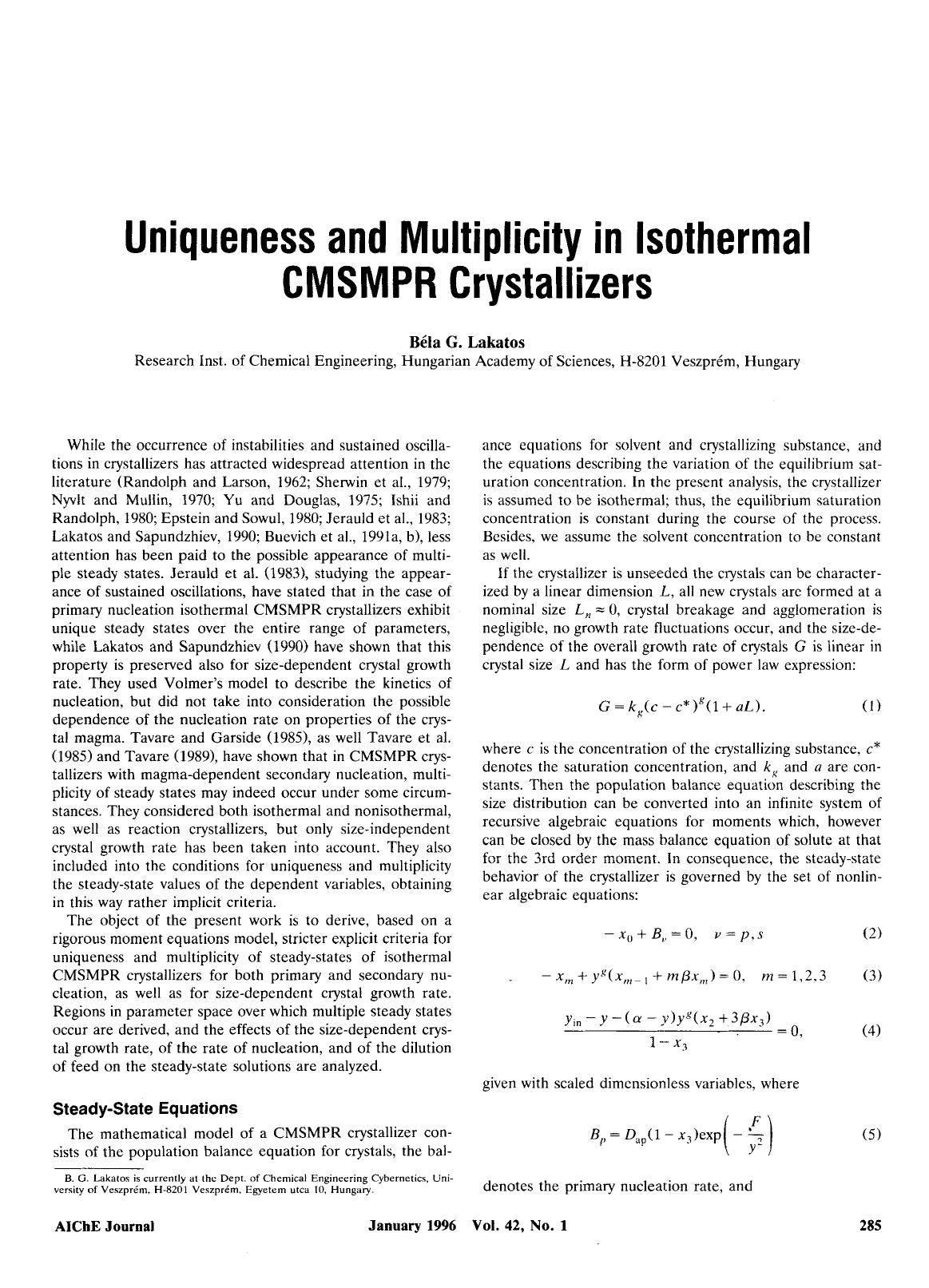 Uniqueness and multiplicity in isothermal CMSMPR crystallizers by Unknown