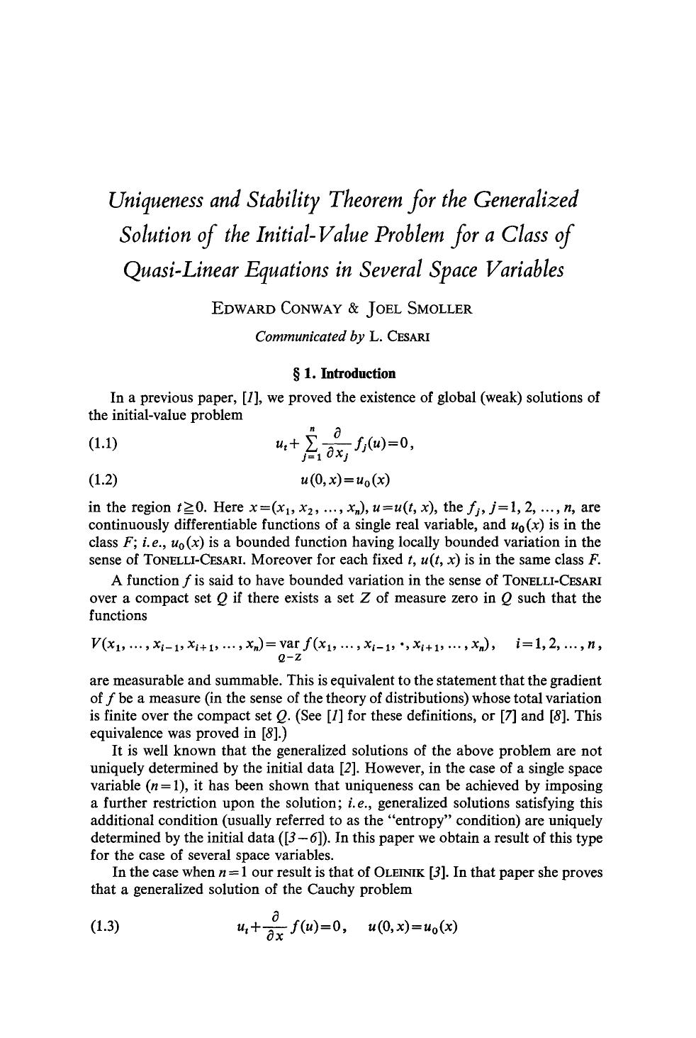 Uniqueness and stability theorem for the generalized solution of the initial-value problem for a class of quasi-linear equations in several space variables by Unknown