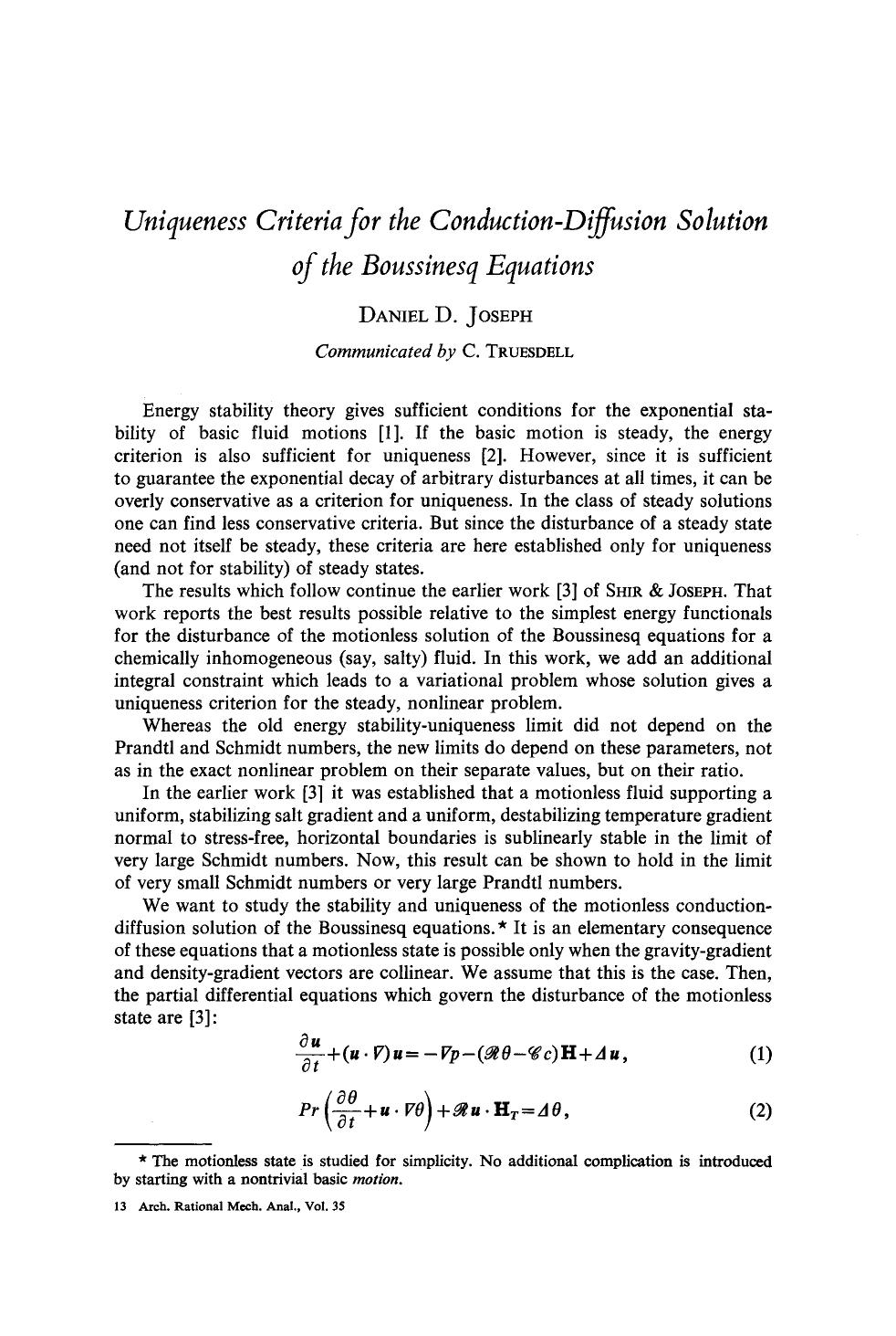 Uniqueness criteria for the conduction-diffusion solution of the Boussinesq equations by Unknown