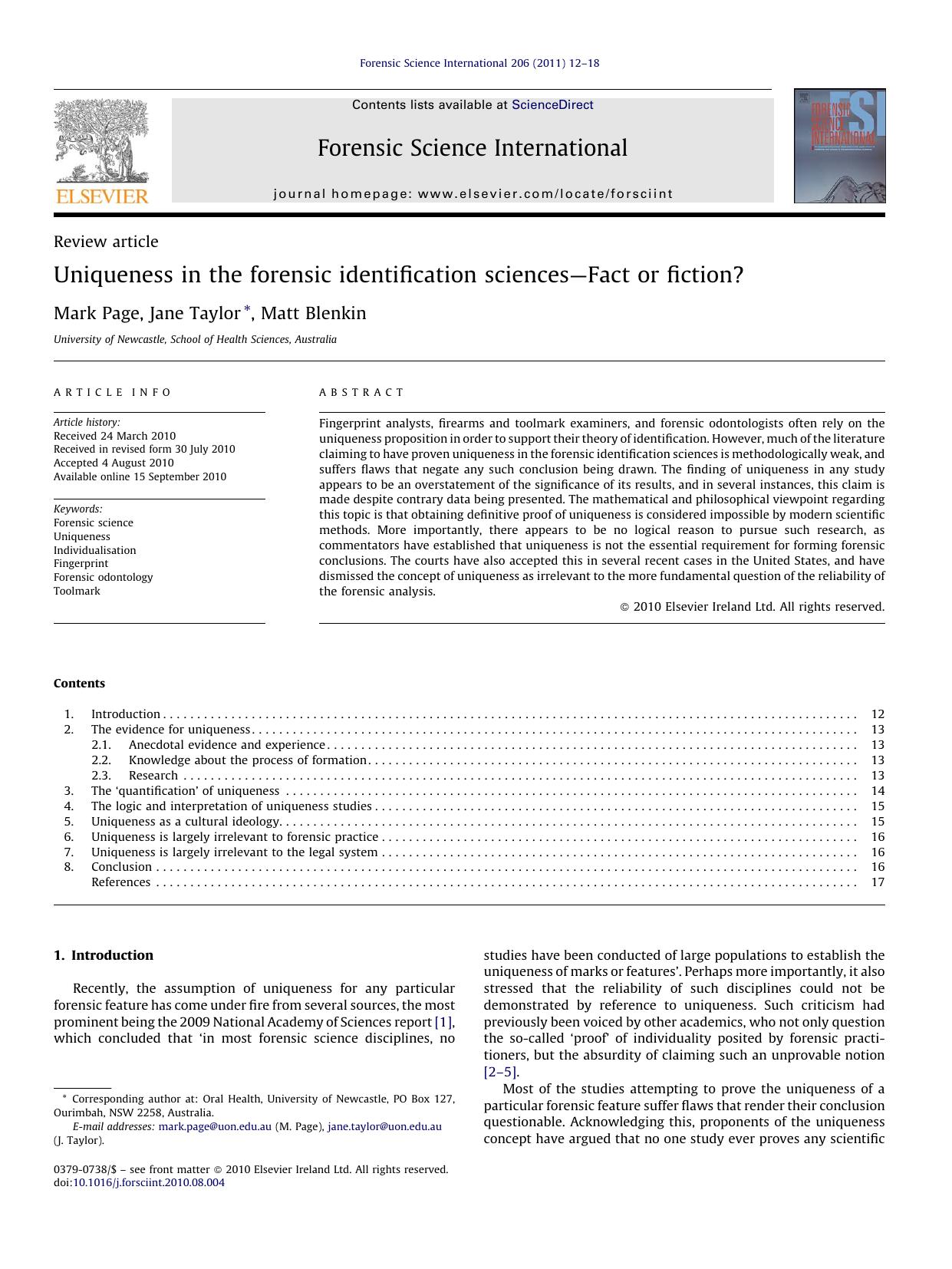 Uniqueness in the forensic identification sciencesÃ¢â¬âFact or fiction? by Mark Page