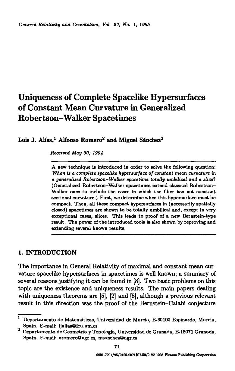 Uniqueness of complete spacelike hypersurfaces of constant mean curvature in generalized Robertson-Walker spacetimes by Unknown
